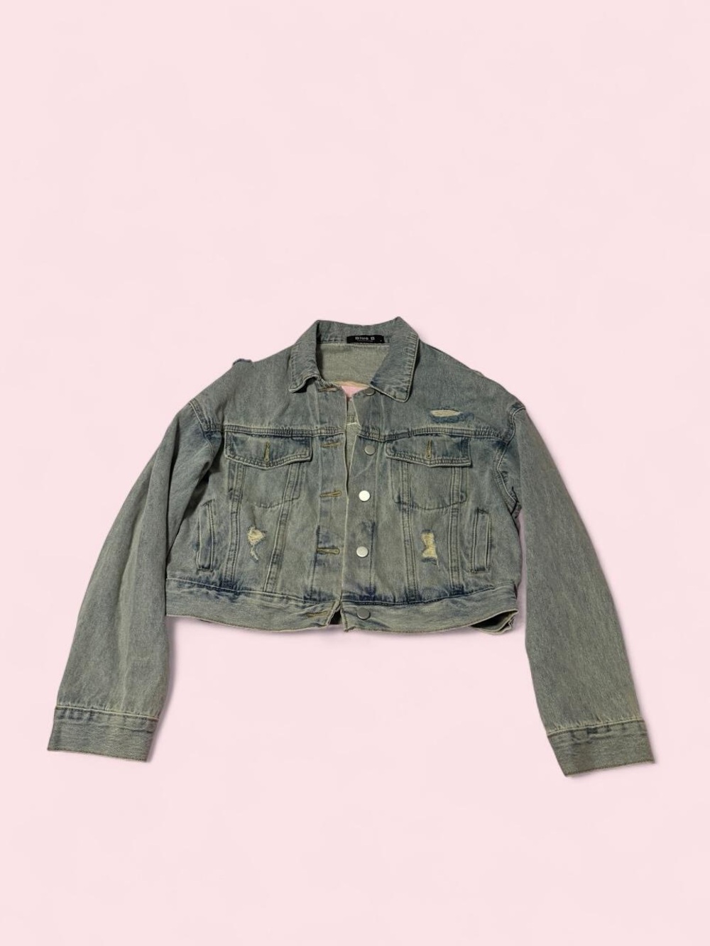 Cropped Jean Denim Jacket with Distressed & Rhinestone Detail